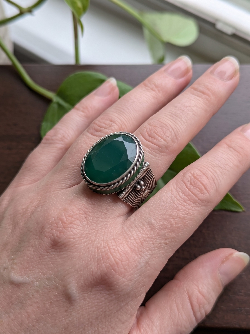 NWT Sterling Silver 925 Green Onyx Boho Whimsigoth Statement Cocktail Ring